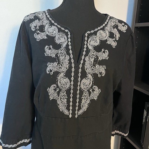 Covington Women's XL Black Embroidered Tunic Blouse Cotton Linen Boho 3/4 Sleeve - Picture 2 of 4